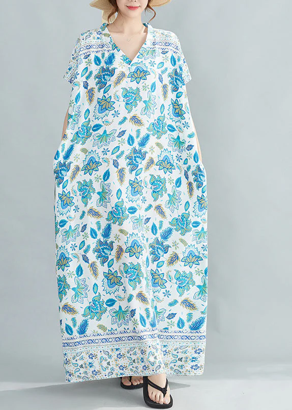 Vogue Blue Print Cotton Holiday Maxi Dresses Summer - Image 4