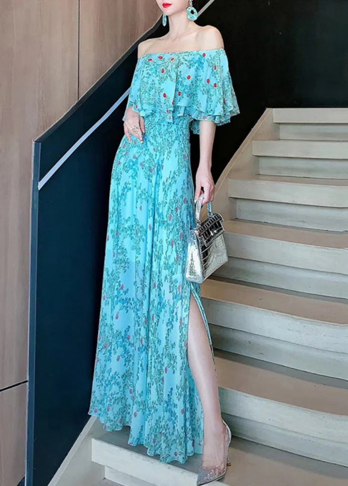 Vogue Blue Slash Neck Chiffon Vacation Dresses Summer - Image 3