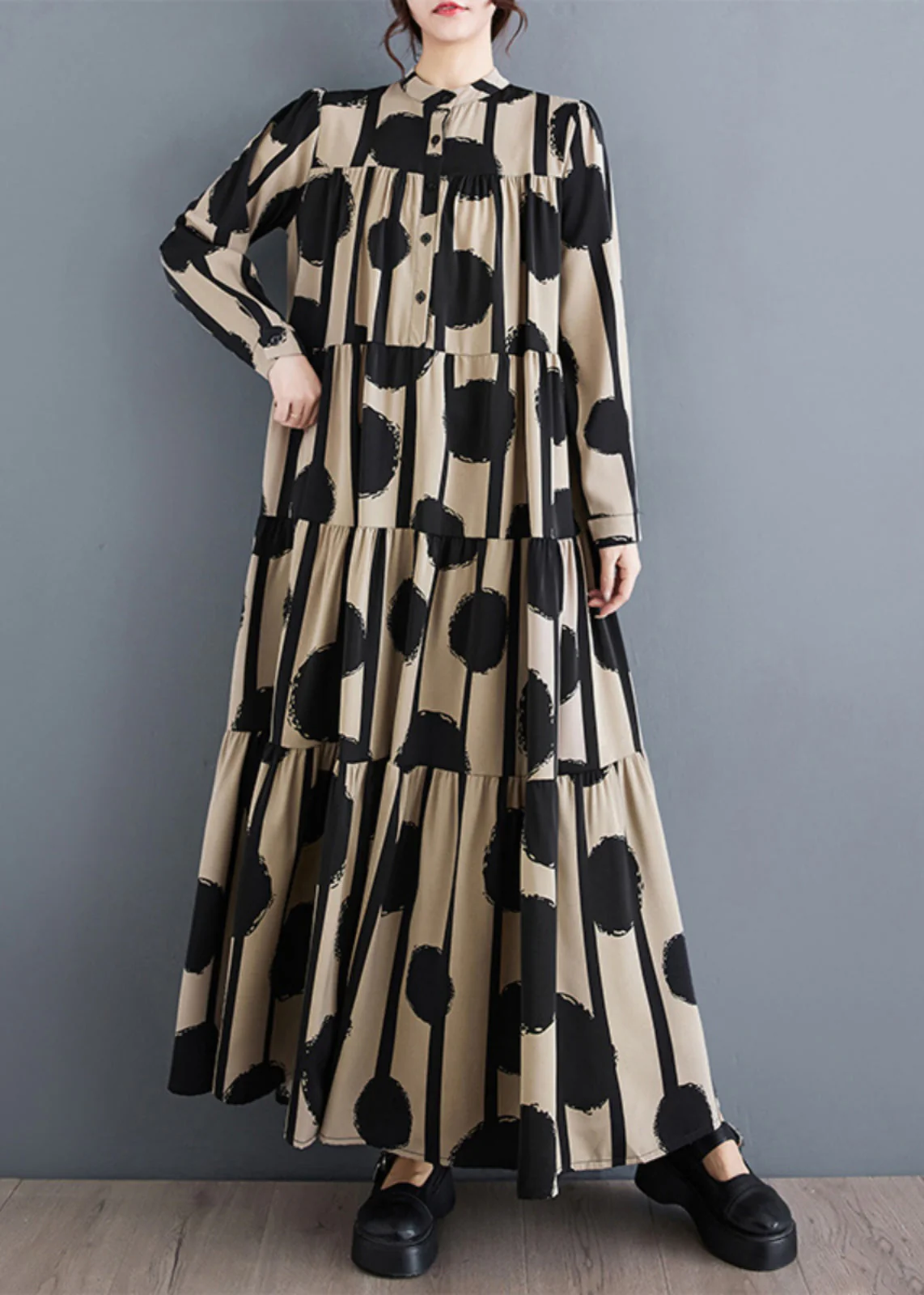 Vogue Blue Stand Collar Dot Print Wrinkled Holiday Chiffon Maxi Dress Spring - Image 2