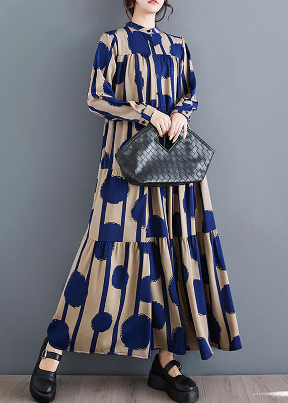 Vogue Blue Stand Collar Dot Print Wrinkled Holiday Chiffon Maxi Dress Spring - Image 3