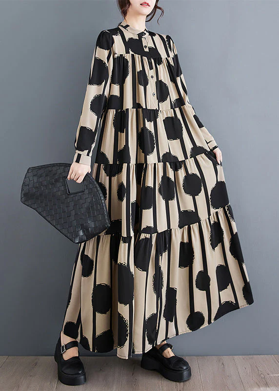 Vogue Blue Stand Collar Dot Print Wrinkled Holiday Chiffon Maxi Dress Spring - Image 4