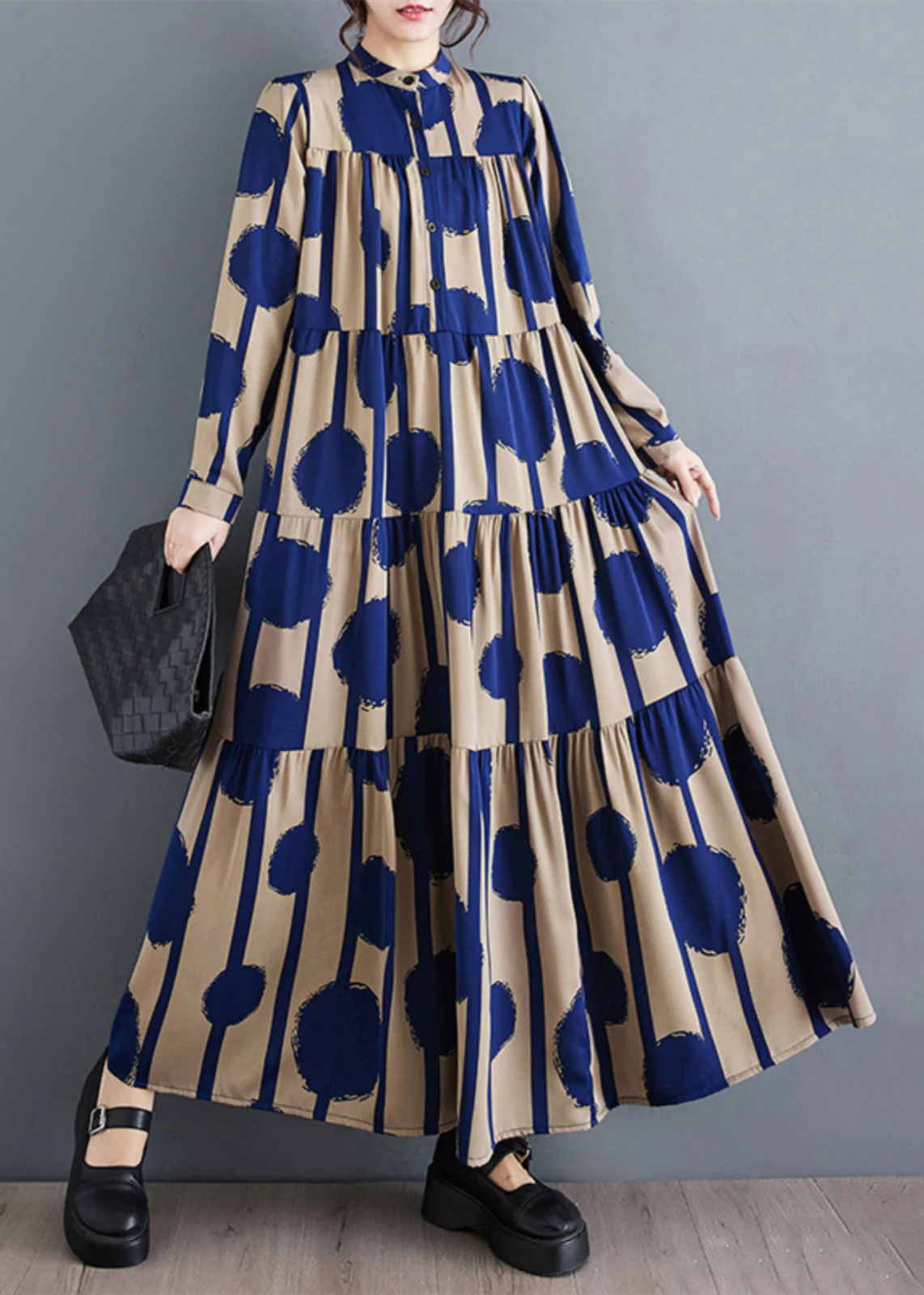 Vogue Blue Stand Collar Dot Print Wrinkled Holiday Chiffon Maxi Dress Spring - Image 5