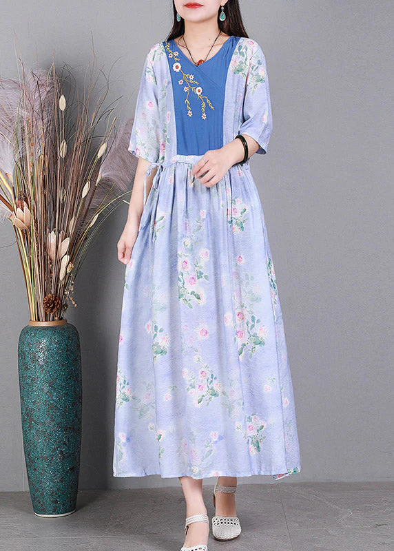 Vogue Blue V Neck Embroideried Print Patchwork Silk Holiday Dress Short Sleeve - Image 2
