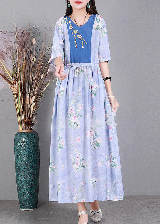 Vogue Blue V Neck Embroideried Print Patchwork Silk Holiday Dress Short Sleeve - Image 3