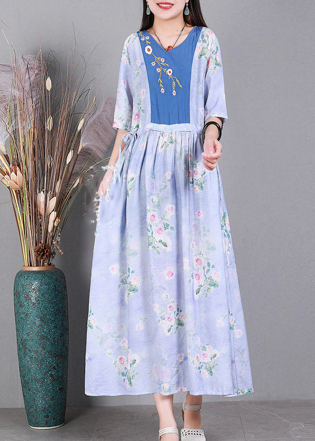 Vogue Blue V Neck Embroideried Print Patchwork Silk Holiday Dress Short Sleeve - Image 4