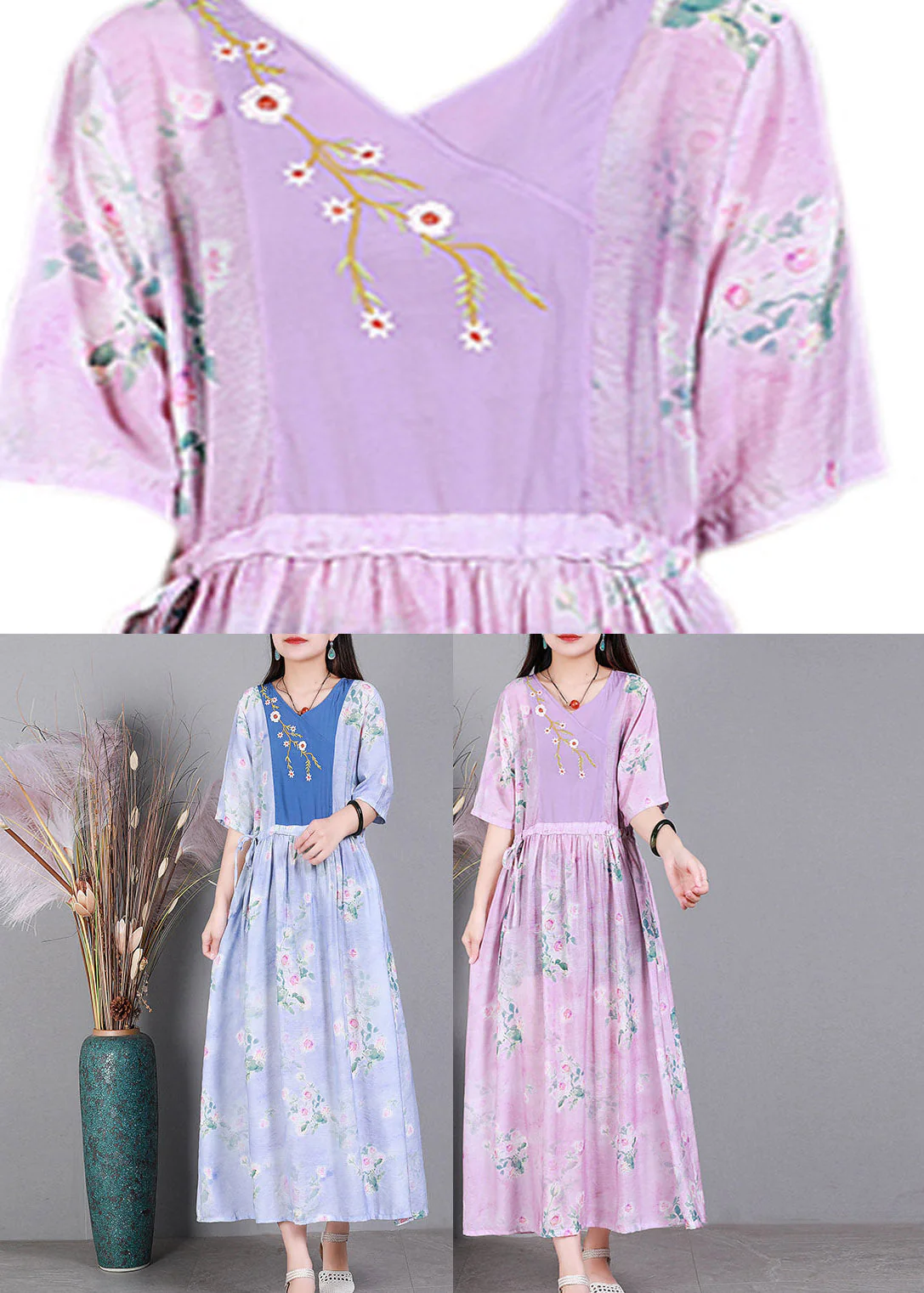 Vogue Blue V Neck Embroideried Print Patchwork Silk Holiday Dress Short Sleeve - Image 5