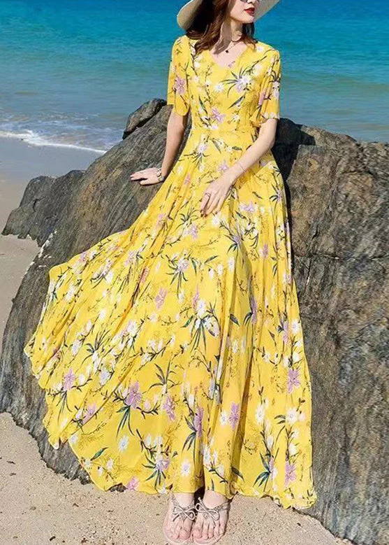 Vogue Blue V Neck Print Chiffon Maxi Beach Dresses Summer - Image 2
