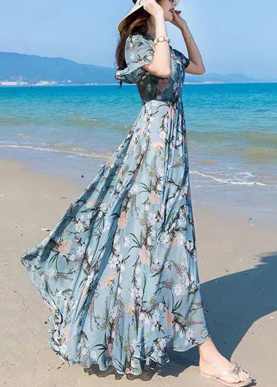 Vogue Blue V Neck Print Chiffon Maxi Beach Dresses Summer - Image 3