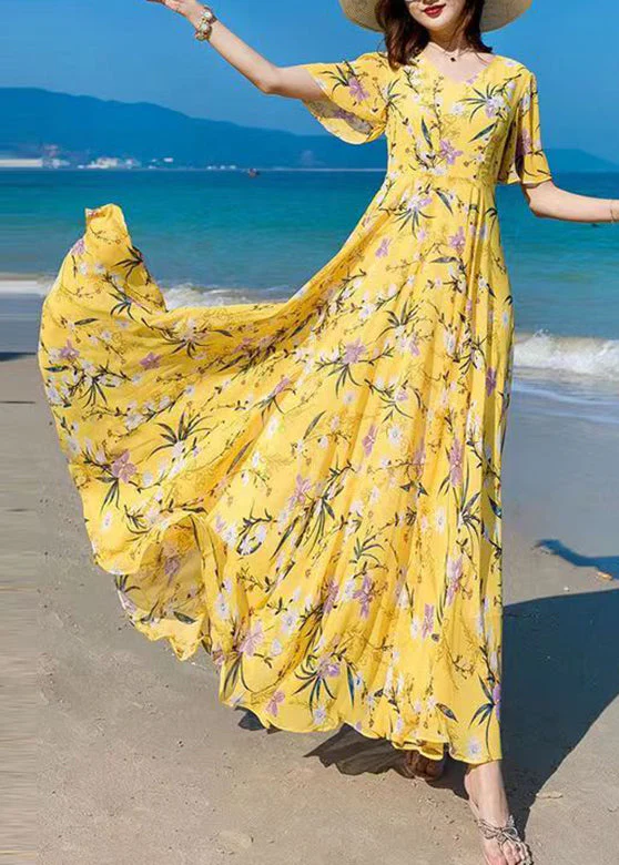 Vogue Blue V Neck Print Chiffon Maxi Beach Dresses Summer - Image 4