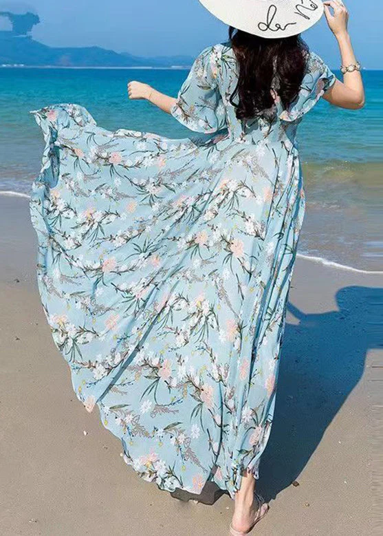 Vogue Blue V Neck Print Chiffon Maxi Beach Dresses Summer - Image 5