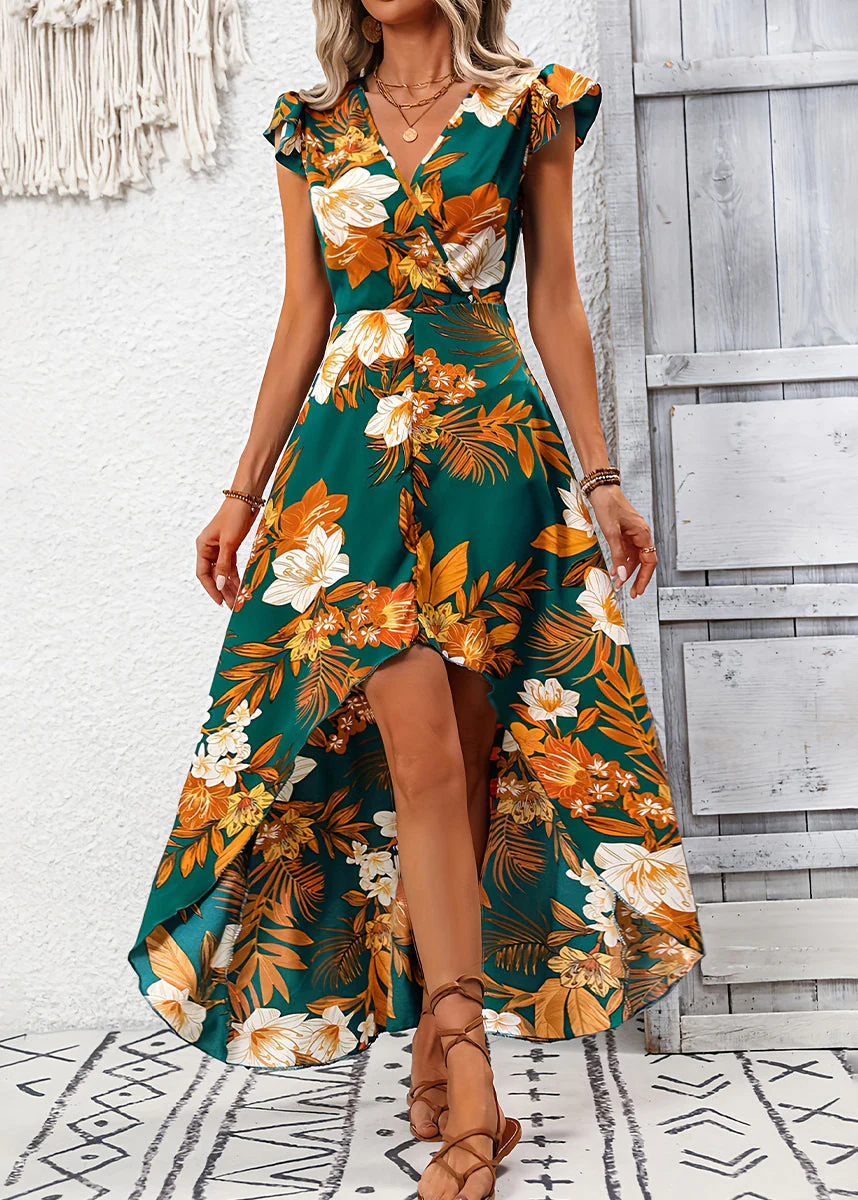 Vogue Blue V Neck Print Low High Design Cotton Long Dress Summer - Image 2