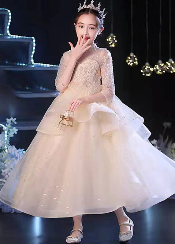 Vogue Champagne V Neck Sequins Patchwork Tulle Girls Long Dress Sleeveless - Image 2