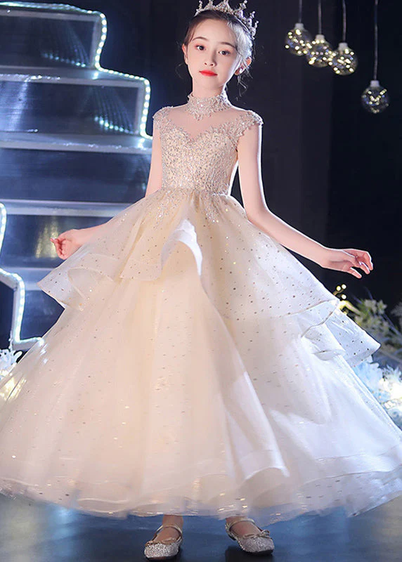 Vogue Champagne V Neck Sequins Patchwork Tulle Girls Long Dress Sleeveless - Image 3