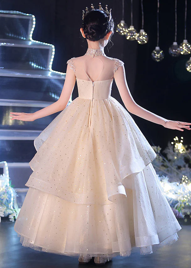 Vogue Champagne V Neck Sequins Patchwork Tulle Girls Long Dress Sleeveless - Image 5