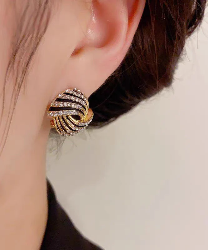 Vogue Gold 14K Gold Zircon Striped Hollow Out Hoop Earrings - Image 5