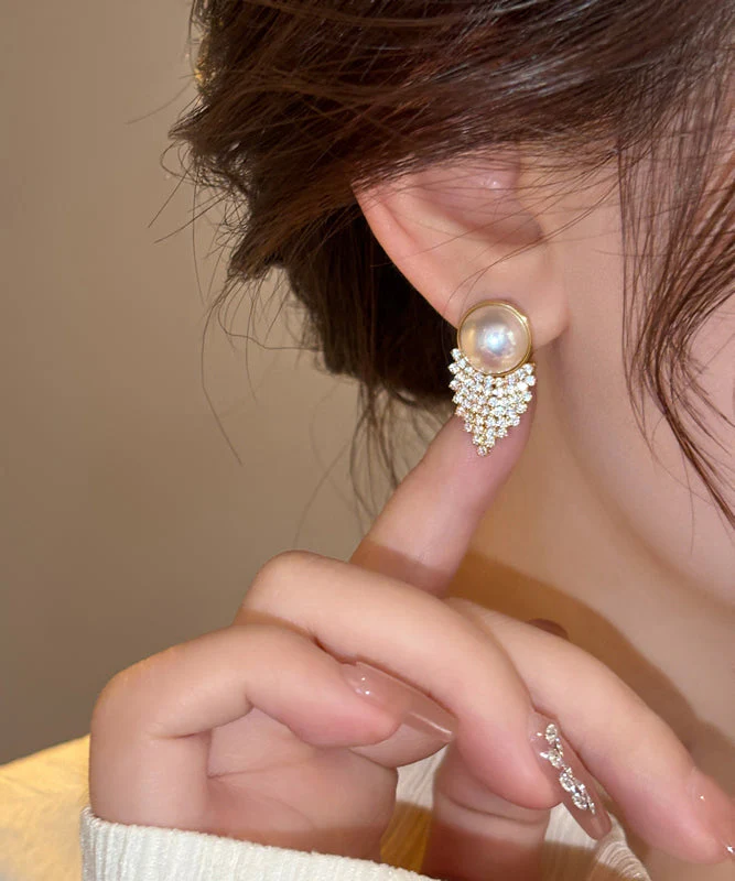 Vogue Gold Copper Alloy Zircon Pearl Stud Earrings - Image 2