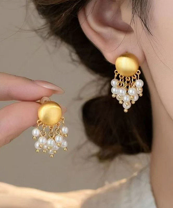 Vogue Gold Metal Pearl Tassel Drop Earrings - Image 3