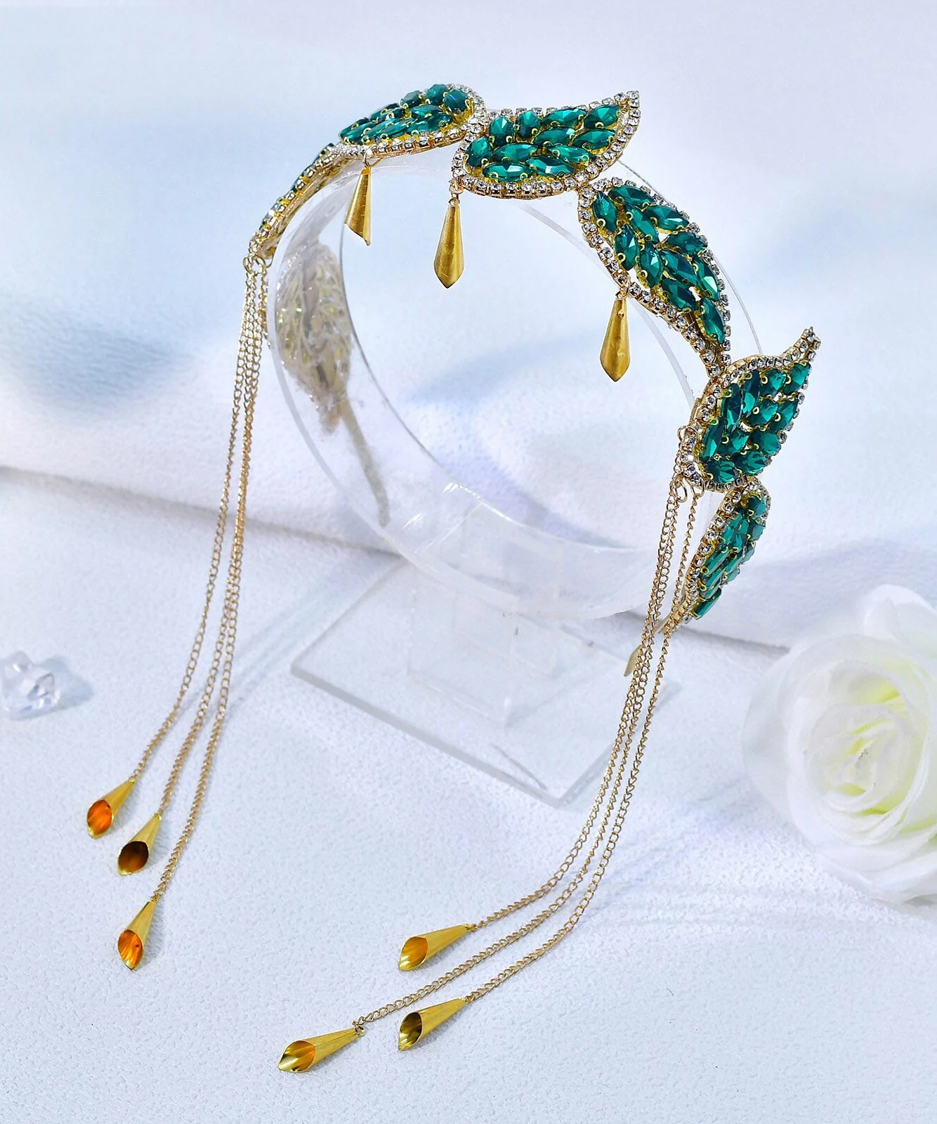 Vogue Green Alloy Zircon Leaf Tassel HairPiece - Image 2