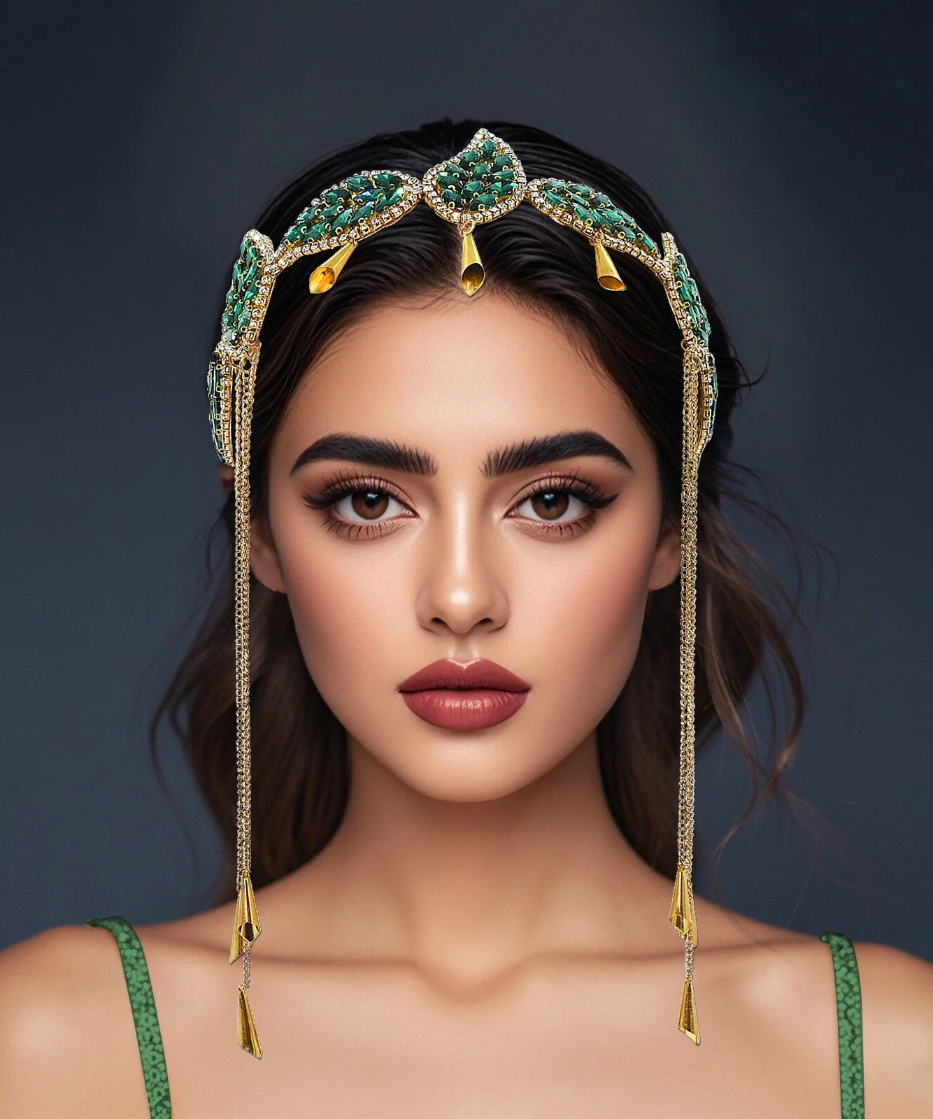 Vogue Green Alloy Zircon Leaf Tassel HairPiece - Image 3