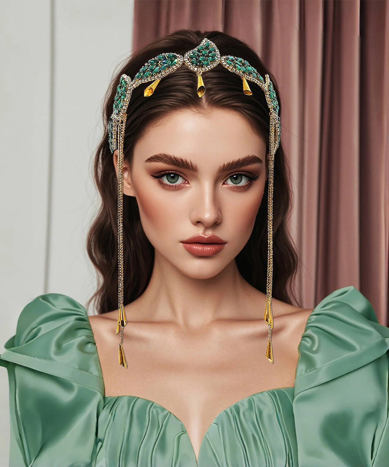 Vogue Green Alloy Zircon Leaf Tassel HairPiece - Image 5