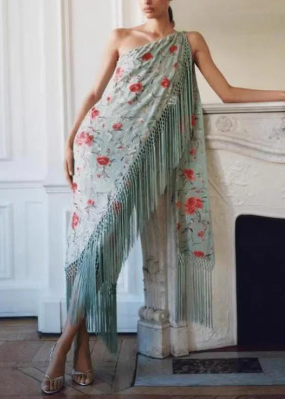 Vogue Green Asymmetrical Tasseled Print Cotton Maxi Dresses Sleeveless - Image 2