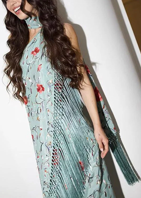 Vogue Green Asymmetrical Tasseled Print Cotton Maxi Dresses Sleeveless - Image 3