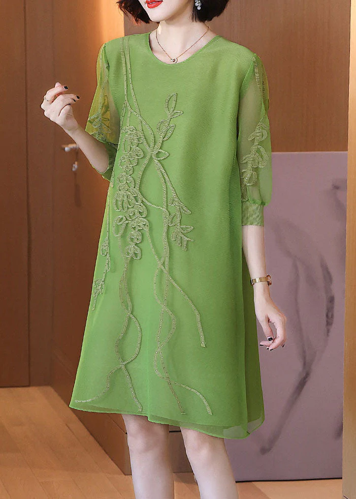 Vogue Green O-Neck Embroidered Holiday Tulle Mid Dress Fall - Image 3