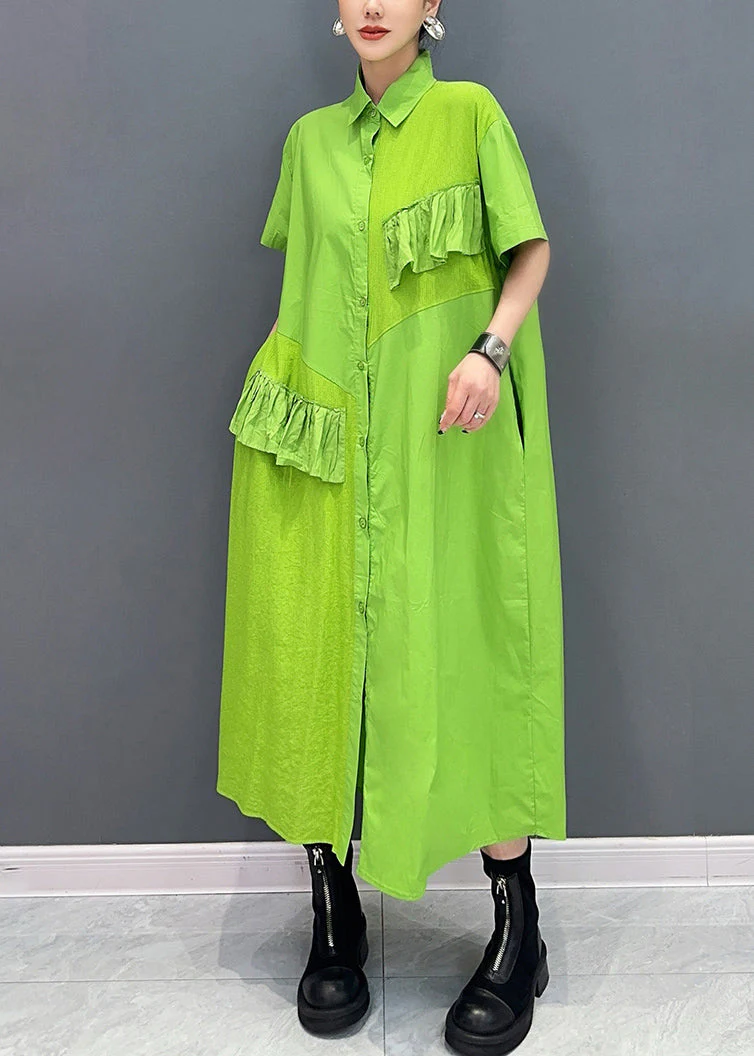 Vogue Green Peter Pan Collar Patchwork Button Maxi Dress Summer - Image 2