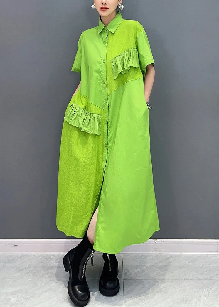 Vogue Green Peter Pan Collar Patchwork Button Maxi Dress Summer - Image 3