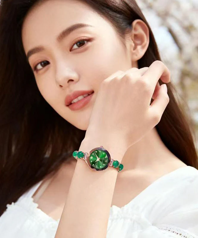 Vogue Green Stainless Steel Alloy Zircon Inlaid Jade Watches - Image 2