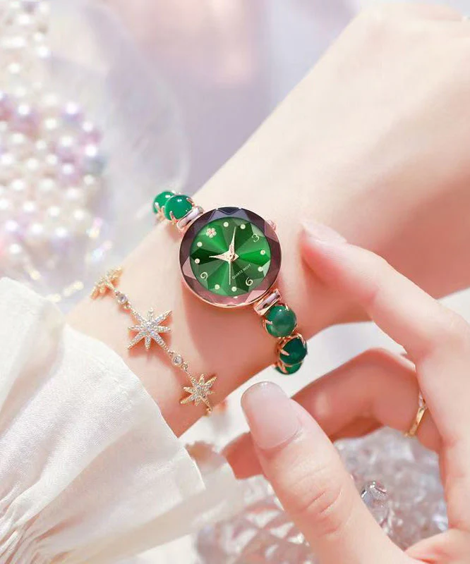 Vogue Green Stainless Steel Alloy Zircon Inlaid Jade Watches - Image 3