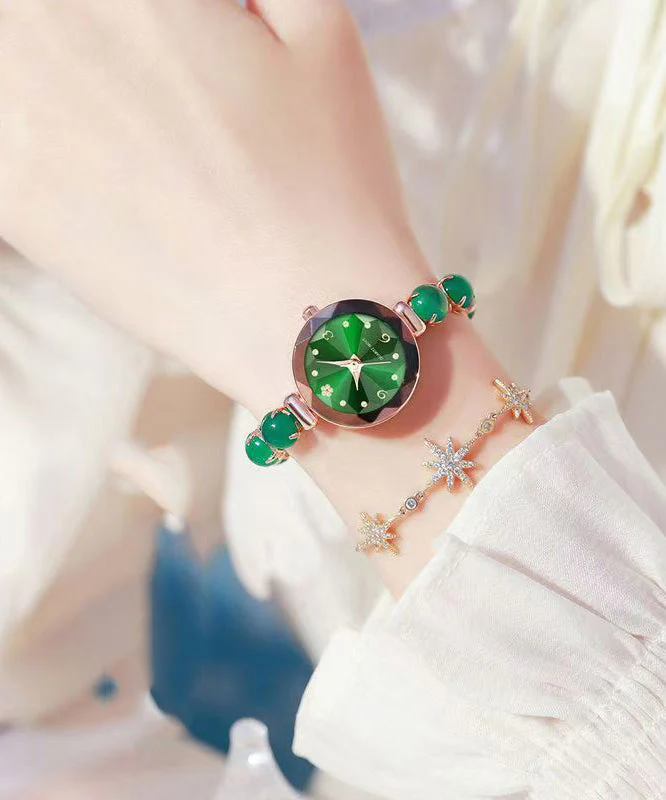 Vogue Green Stainless Steel Alloy Zircon Inlaid Jade Watches - Image 4