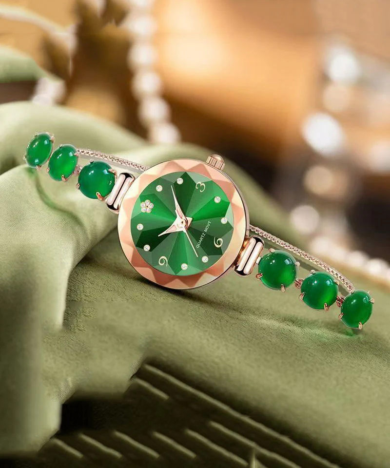Vogue Green Stainless Steel Alloy Zircon Inlaid Jade Watches - Image 5