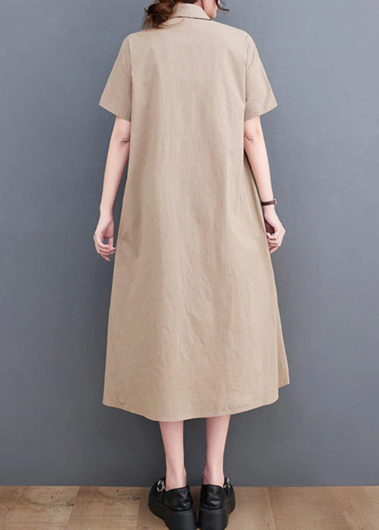 Vogue Khaki Peter Pan Collar Print Button Maxi Shirt Dresses Short Sleeve - Image 5