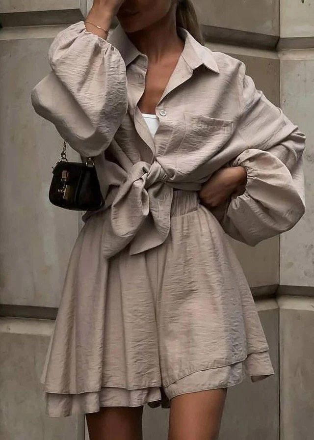 Vogue Khaki Peter Pan Collar Shirts And Shorts Two Pieces Set Fall - Image 2