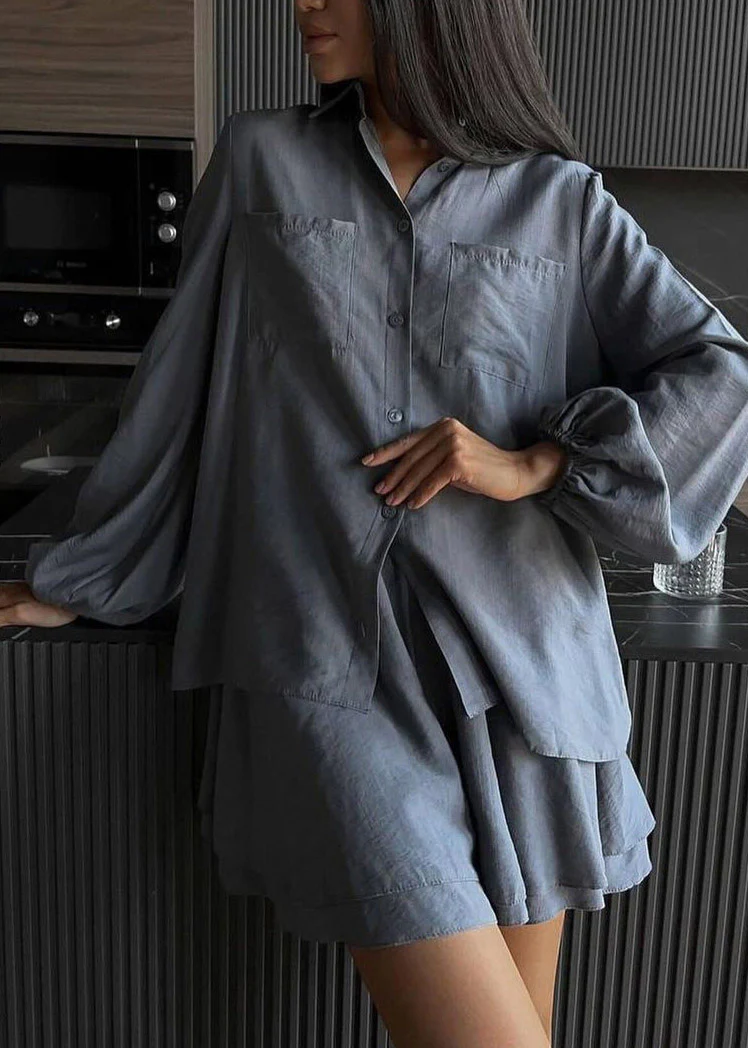 Vogue Khaki Peter Pan Collar Shirts And Shorts Two Pieces Set Fall - Image 3