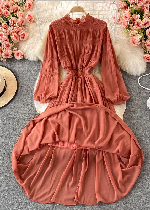 Vogue Orange Stand Collar Ruffled Tunic Chiffon Long Dresses Long Sleeve - Image 2