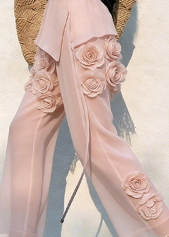 Vogue Pink High Waist Floral Tulle Crop Pants - Image 2