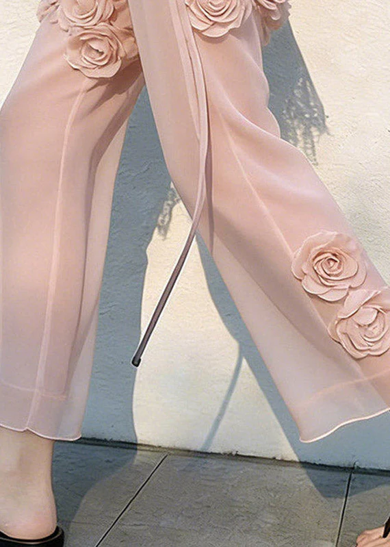 Vogue Pink High Waist Floral Tulle Crop Pants - Image 4