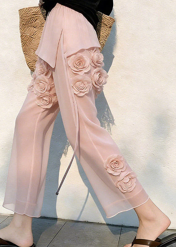 Vogue Pink High Waist Floral Tulle Crop Pants - Image 5