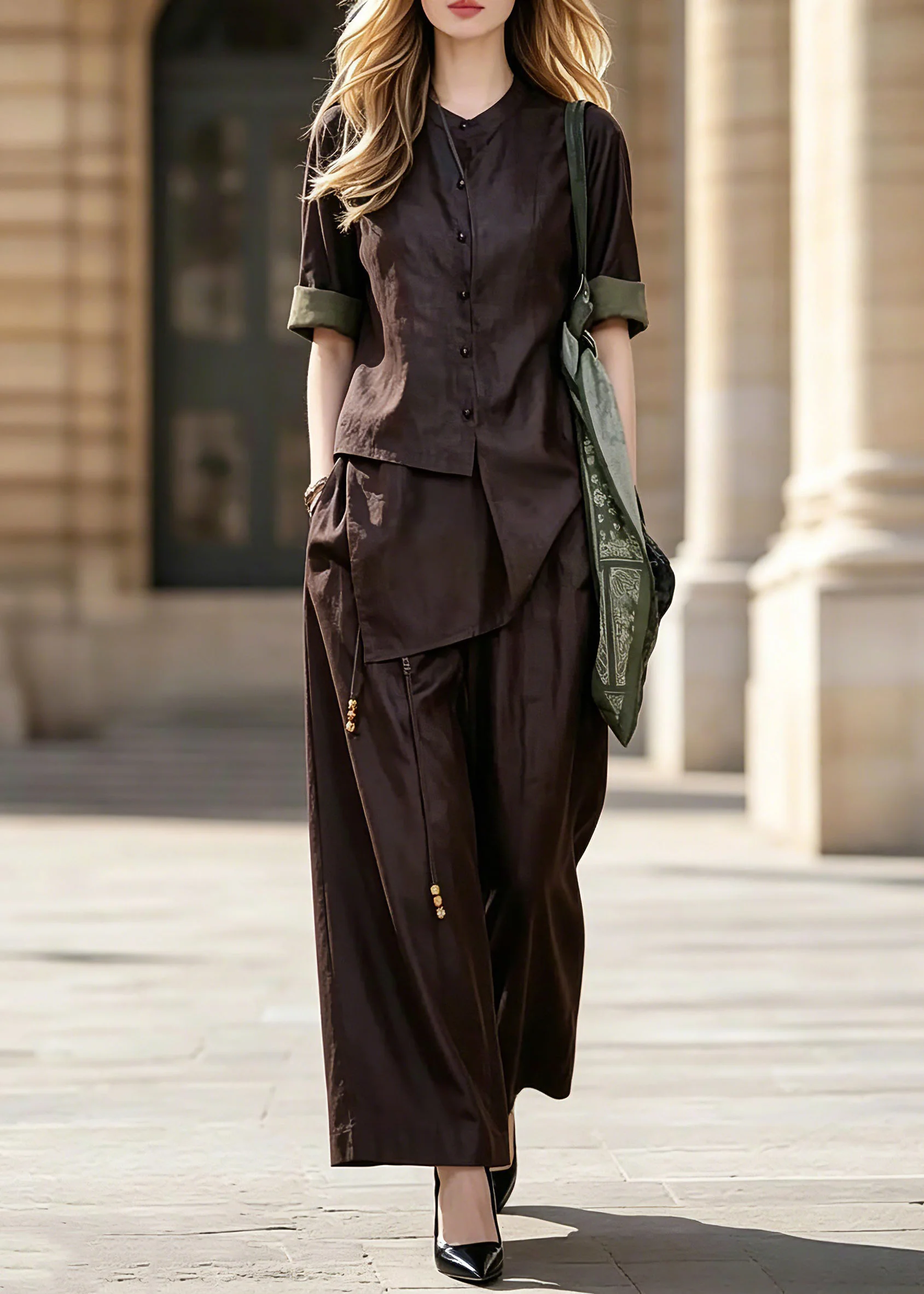 Vogue Purple Asymmetrical Patchwork Button Shirt And Wide Leg Pants Two Pieces Set Short Sleeve - Image 3