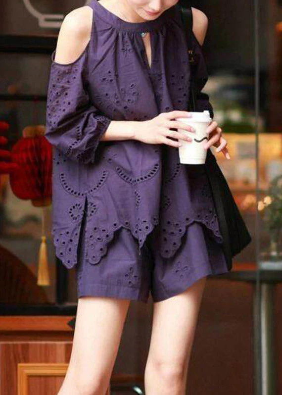 Vogue Purple Hollow Out Top And Shorts Two Piece Set Lantern Sleeve - Image 2