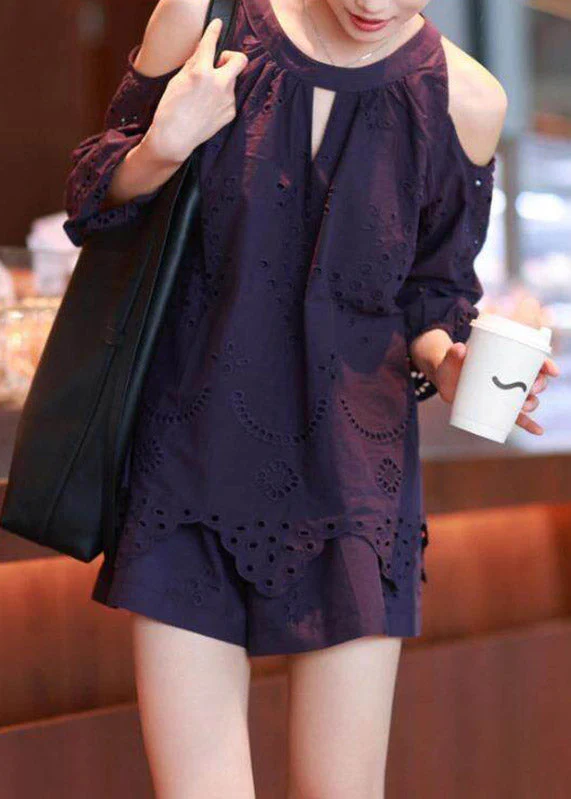 Vogue Purple Hollow Out Top And Shorts Two Piece Set Lantern Sleeve - Image 3
