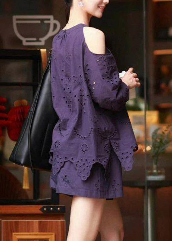 Vogue Purple Hollow Out Top And Shorts Two Piece Set Lantern Sleeve - Image 4