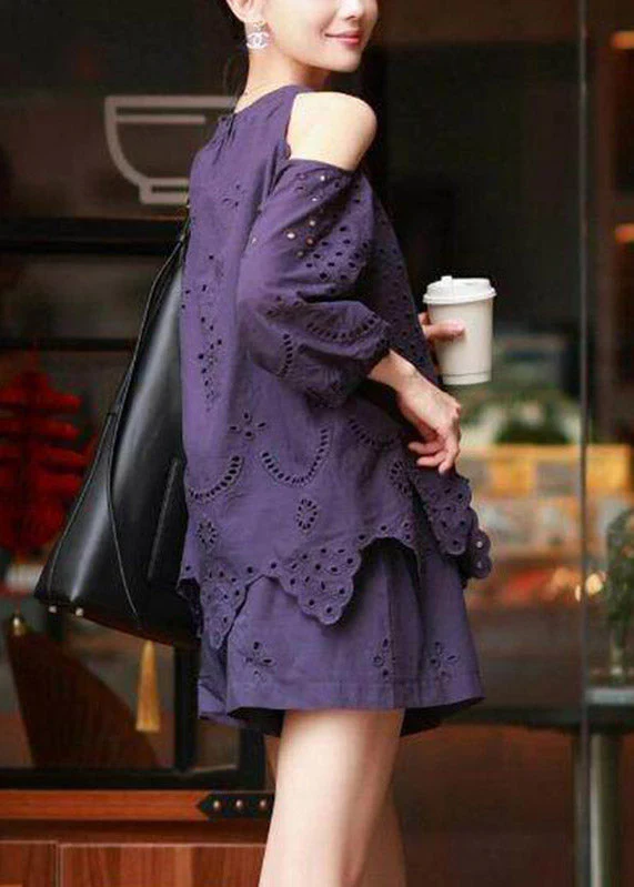 Vogue Purple Hollow Out Top And Shorts Two Piece Set Lantern Sleeve - Image 5