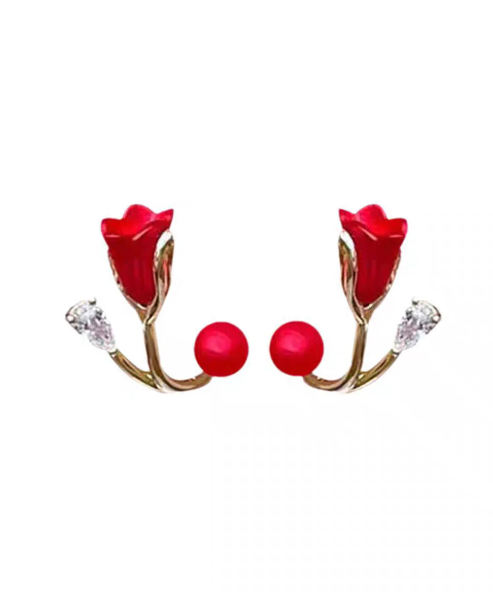 Vogue Red Alloy Zircon Dripping Glaze Pearl Floral Stud Earrings - Image 5