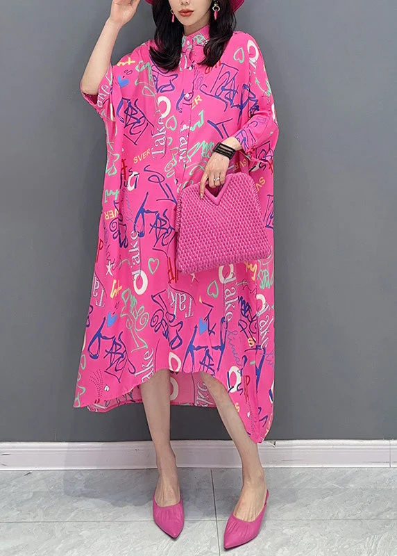Vogue Red Asymmetrical Graphic Print Button Maxi Shirts Dress Long Sleeve - Image 2