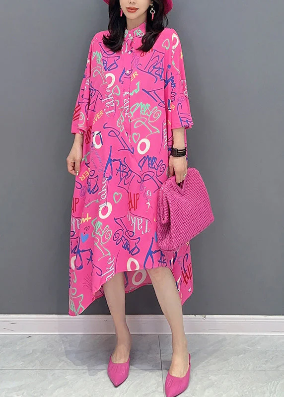 Vogue Red Asymmetrical Graphic Print Button Maxi Shirts Dress Long Sleeve - Image 3
