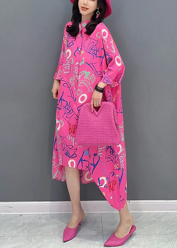 Vogue Red Asymmetrical Graphic Print Button Maxi Shirts Dress Long Sleeve - Image 4