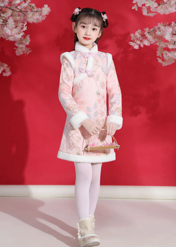Vogue Red Embroideried Patchwork Button Warm Fleece Kids Mid Dress Long Sleeve - Image 2